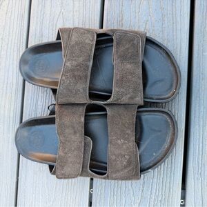 Massimo Dutti Brown Suede Double-Strap Slide Sandals